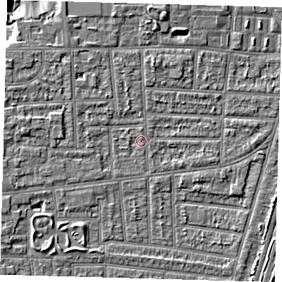Shaded relief map of the ground around N170NB, computed from Environment Agency LiDAR. The ground here sits at about 10 m above sea level and falls 10 m across the surrounding 800 m. Surface water reaching this point runs off ground lying to the west-north-west, 0.7 m higher.