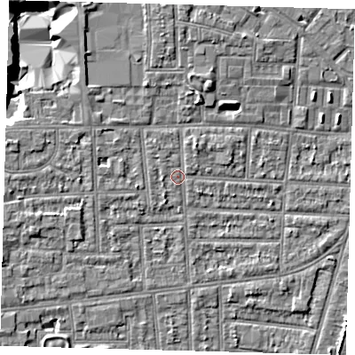 Shaded relief map of the ground around N170ND, computed from Environment Agency LiDAR. The ground here sits at about 10 m above sea level and falls 10 m across the surrounding 800 m. Surface water reaching this point runs off ground lying to the north-north-east, 1.9 m higher.