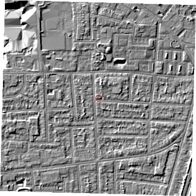 Shaded relief map of the ground around N170NE, computed from Environment Agency LiDAR. The ground here sits at about 10 m above sea level and falls 7 m across the surrounding 800 m. Surface water reaching this point runs off ground lying to the north, 1.9 m higher.