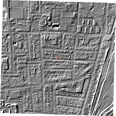 Shaded relief map of the ground around N170NG, computed from Environment Agency LiDAR. The ground here sits at about 10 m above sea level and falls 4 m across the surrounding 800 m. Surface water reaching this point runs off ground lying to the west-north-west, 1.2 m higher.
