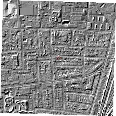 Shaded relief map of the ground around N170NH, computed from Environment Agency LiDAR. The ground here sits at about 10 m above sea level and falls 6 m across the surrounding 800 m. Surface water reaching this point runs off ground lying to the north, 1.0 m higher.