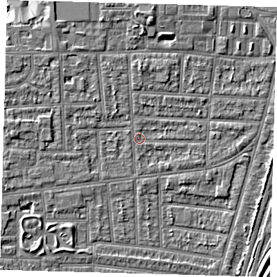 Shaded relief map of the ground around N170NJ, computed from Environment Agency LiDAR. The ground here sits at about 10 m above sea level and falls 5 m across the surrounding 800 m. Surface water reaching this point runs off ground lying to the north, 0.6 m higher.