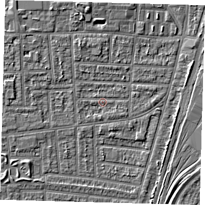 Shaded relief map of the ground around N170NL, computed from Environment Agency LiDAR. The ground here sits at about 10 m above sea level and falls 5 m across the surrounding 800 m. Surface water reaching this point runs off ground lying to the south-east, 1.1 m higher.