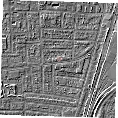 Shaded relief map of the ground around N170NN, computed from Environment Agency LiDAR. The ground here sits at about 10 m above sea level and falls 5 m across the surrounding 800 m. Surface water reaching this point runs off ground lying to the west-south-west, 1.1 m higher.