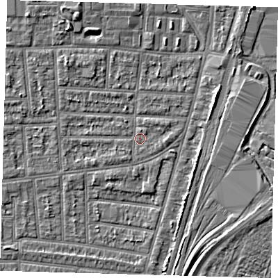 Shaded relief map of the ground around N170NP, computed from Environment Agency LiDAR. The ground here sits at about 10 m above sea level and falls 5 m across the surrounding 800 m. Surface water reaching this point runs off ground lying to the south-west, 1.2 m higher.