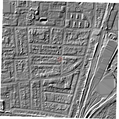 Shaded relief map of the ground around N170NR, computed from Environment Agency LiDAR. The ground here sits at about 9 m above sea level and falls 4 m across the surrounding 800 m. Surface water reaching this point runs off ground lying to the south-south-west, 1.2 m higher.