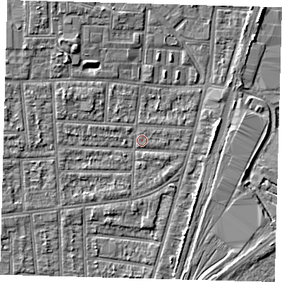 Shaded relief map of the ground around N170NS, computed from Environment Agency LiDAR. The ground here sits at about 10 m above sea level and falls 5 m across the surrounding 800 m. Surface water reaching this point runs off ground lying to the west-north-west, 2.4 m higher.