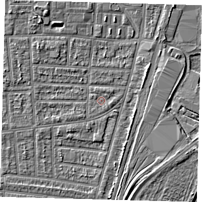 Shaded relief map of the ground around N170NT, computed from Environment Agency LiDAR. The ground here sits at about 9 m above sea level and falls 6 m across the surrounding 800 m. Surface water reaching this point runs off ground lying to the east-south-east, 1.1 m higher.