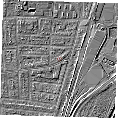 Shaded relief map of the ground around N170NU, computed from Environment Agency LiDAR. The ground here sits at about 10 m above sea level and falls 6 m across the surrounding 800 m. Surface water reaching this point runs off ground lying to the north-east, 1.1 m higher.