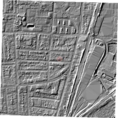 Shaded relief map of the ground around N170NX, computed from Environment Agency LiDAR. The ground here sits at about 10 m above sea level and falls 5 m across the surrounding 800 m. Surface water reaching this point runs off ground lying to the west-north-west, 2.4 m higher.