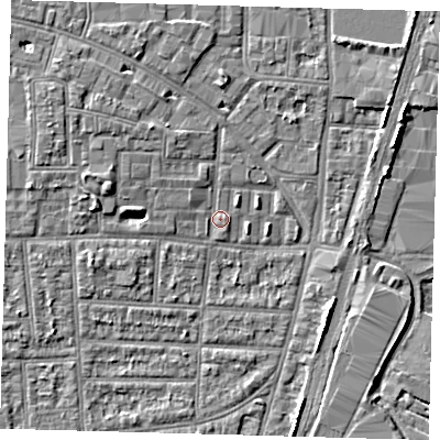 Shaded relief map of the ground around N170PF, computed from Environment Agency LiDAR. The ground here sits at about 10 m above sea level and falls 5 m across the surrounding 800 m. Surface water reaching this point runs off ground lying to the north-north-west, 1.3 m higher.