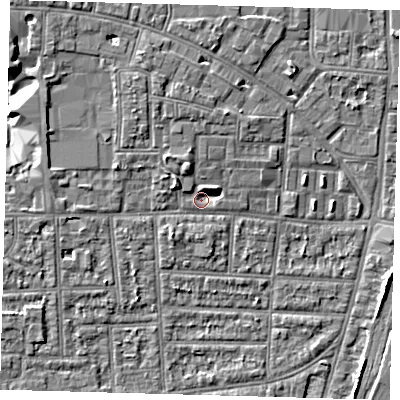 Shaded relief map of the ground around N170PQ, computed from Environment Agency LiDAR. The ground here sits at about 10 m above sea level and falls 6 m across the surrounding 800 m. Surface water reaching this point runs off ground lying to the north-north-west, 3.7 m higher.
