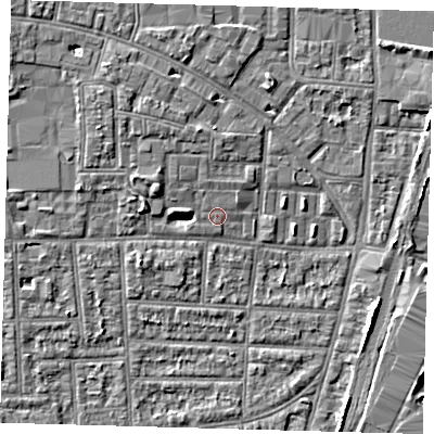 Shaded relief map of the ground around N170PW, computed from Environment Agency LiDAR. The ground here sits at about 10 m above sea level and falls 4 m across the surrounding 800 m. Surface water reaching this point runs off ground lying to the west, 1.5 m higher.