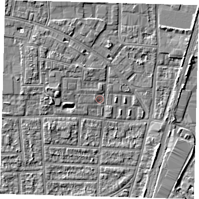 Shaded relief map of the ground around N170PZ, computed from Environment Agency LiDAR. The ground here sits at about 10 m above sea level and falls 4 m across the surrounding 800 m. Surface water reaching this point runs off ground lying to the west-north-west, 1.2 m higher.