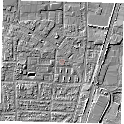 Shaded relief map of the ground around N170QB, computed from Environment Agency LiDAR. The ground here sits at about 10 m above sea level and falls 5 m across the surrounding 800 m. The ground contributing surface water to this point lies to the west-south-west.