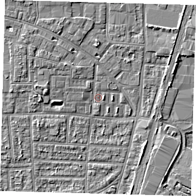 Shaded relief map of the ground around N170QD, computed from Environment Agency LiDAR. The ground here sits at about 10 m above sea level and falls 5 m across the surrounding 800 m. Surface water reaching this point runs off ground lying to the north-north-west, 1.3 m higher.