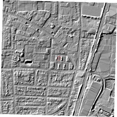 Shaded relief map of the ground around N170QE, computed from Environment Agency LiDAR. The ground here sits at about 10 m above sea level and falls 5 m across the surrounding 800 m. Surface water reaching this point runs off ground lying to the west, 1.2 m higher.