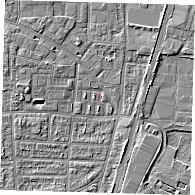 Shaded relief map of the ground around N170QG, computed from Environment Agency LiDAR. The ground here sits at about 9 m above sea level and falls 5 m across the surrounding 800 m. Surface water reaching this point runs off ground lying to the west, 1.4 m higher.
