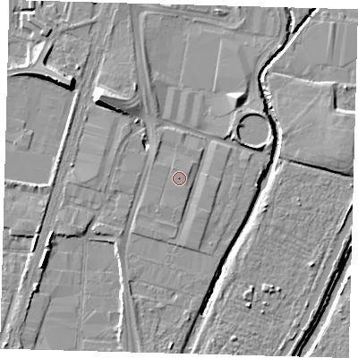 Shaded relief map of the ground around N170QJ, computed from Environment Agency LiDAR. The ground here sits at about 11 m above sea level and falls 11 m across the surrounding 800 m. The ground contributing surface water to this point lies to the south-south-west.