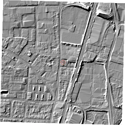 Shaded relief map of the ground around N170QS, computed from Environment Agency LiDAR. The ground here sits at about 10 m above sea level and falls 10 m across the surrounding 800 m. Surface water reaching this point runs off ground lying to the north-north-east, 7.7 m higher.