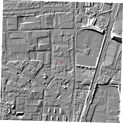 Shaded relief map of the ground around N170QT, computed from Environment Agency LiDAR. The ground here sits at about 10 m above sea level and falls 8 m across the surrounding 800 m. Surface water reaching this point runs off ground lying to the north, 1.3 m higher.