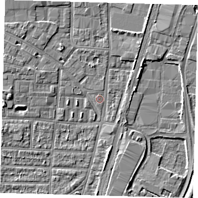Shaded relief map of the ground around N170QU, computed from Environment Agency LiDAR. The ground here sits at about 10 m above sea level and falls 5 m across the surrounding 800 m. Surface water reaching this point runs off ground lying to the north-north-east, 0.5 m higher.