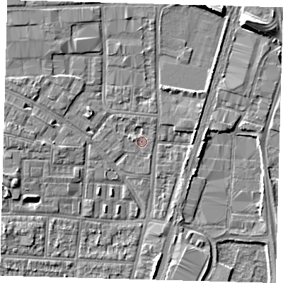 Shaded relief map of the ground around N170QX, computed from Environment Agency LiDAR. The ground here sits at about 10 m above sea level and falls 9 m across the surrounding 800 m. Surface water reaching this point runs off ground lying to the north-north-west, 1.2 m higher.
