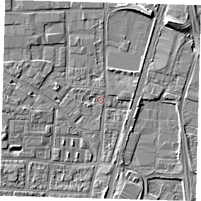 Shaded relief map of the ground around N170QY, computed from Environment Agency LiDAR. The ground here sits at about 10 m above sea level and falls 9 m across the surrounding 800 m. Surface water reaching this point runs off ground lying to the north-north-east, 7.7 m higher.