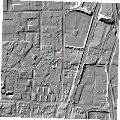 Shaded relief map of the ground around N170QZ, computed from Environment Agency LiDAR. The ground here sits at about 10 m above sea level and falls 9 m across the surrounding 800 m. Surface water reaching this point runs off ground lying to the north-north-east, 7.7 m higher.