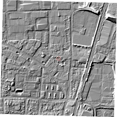 Shaded relief map of the ground around N170RA, computed from Environment Agency LiDAR. The ground here sits at about 10 m above sea level and falls 9 m across the surrounding 800 m. Surface water reaching this point runs off ground lying to the west-north-west, 1.2 m higher.