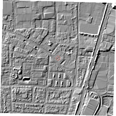 Shaded relief map of the ground around N170RB, computed from Environment Agency LiDAR. The ground here sits at about 10 m above sea level and falls 9 m across the surrounding 800 m. Surface water reaching this point runs off ground lying to the west-north-west, 3.0 m higher.