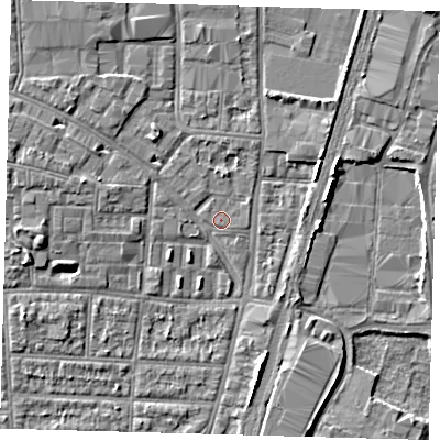 Shaded relief map of the ground around N170RD, computed from Environment Agency LiDAR. The ground here sits at about 10 m above sea level and falls 5 m across the surrounding 800 m. Surface water reaching this point runs off ground lying to the north-east, 0.5 m higher.