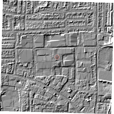 Shaded relief map of the ground around N170RE, computed from Environment Agency LiDAR. The ground here sits at about 11 m above sea level and falls 5 m across the surrounding 800 m. The ground contributing surface water to this point lies to the west.