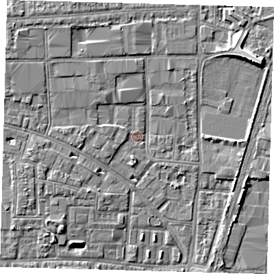 Shaded relief map of the ground around N170RH, computed from Environment Agency LiDAR. The ground here sits at about 10 m above sea level and falls 8 m across the surrounding 800 m. Surface water reaching this point runs off ground lying to the west-south-west, 1.8 m higher.