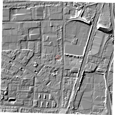 Shaded relief map of the ground around N170RL, computed from Environment Agency LiDAR. The ground here sits at about 10 m above sea level and falls 8 m across the surrounding 800 m. Surface water reaching this point runs off ground lying to the south-east, 1.0 m higher.