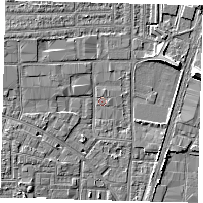 Shaded relief map of the ground around N170RP, computed from Environment Agency LiDAR. The ground here sits at about 10 m above sea level and falls 8 m across the surrounding 800 m. Surface water reaching this point runs off ground lying to the north-west, 2.9 m higher.