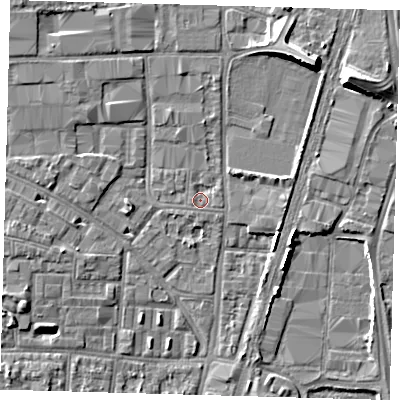 Shaded relief map of the ground around N170RR, computed from Environment Agency LiDAR. The ground here sits at about 10 m above sea level and falls 9 m across the surrounding 800 m. Surface water reaching this point runs off ground lying to the east-north-east, 0.9 m higher.