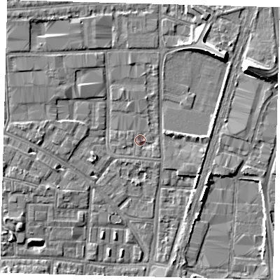 Shaded relief map of the ground around N170RS, computed from Environment Agency LiDAR. The ground here sits at about 10 m above sea level and falls 8 m across the surrounding 800 m. Surface water reaching this point runs off ground lying to the south-east, 1.0 m higher.