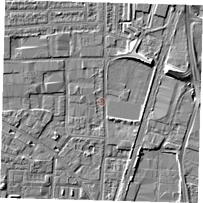 Shaded relief map of the ground around N170RT, computed from Environment Agency LiDAR. The ground here sits at about 10 m above sea level and falls 8 m across the surrounding 800 m. Surface water reaching this point runs off ground lying to the north-west, 1.3 m higher.