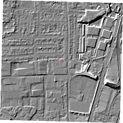 Shaded relief map of the ground around N170RU, computed from Environment Agency LiDAR. The ground here sits at about 11 m above sea level and falls 9 m across the surrounding 800 m. Surface water reaching this point runs off ground lying to the west, 0.9 m higher.