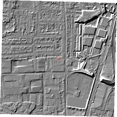 Shaded relief map of the ground around N170RX, computed from Environment Agency LiDAR. The ground here sits at about 11 m above sea level and falls 9 m across the surrounding 800 m. Surface water reaching this point runs off ground lying to the west, 0.9 m higher.