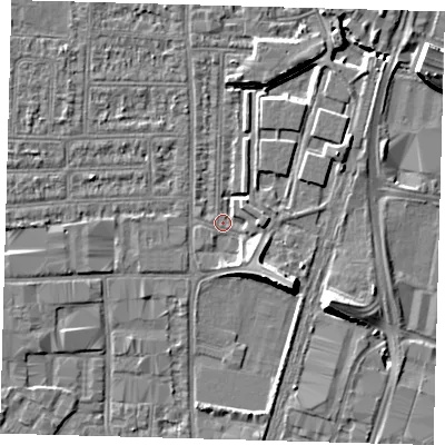 Shaded relief map of the ground around N170RY, computed from Environment Agency LiDAR. The ground here sits at about 11 m above sea level and falls 9 m across the surrounding 800 m. Surface water reaching this point runs off ground lying to the south-east, 3.9 m higher.
