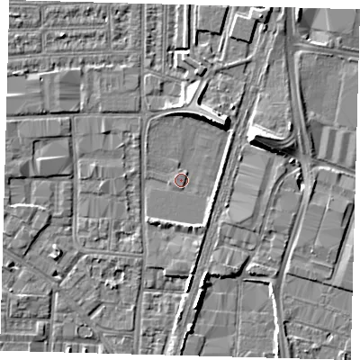 Shaded relief map of the ground around N170SL, computed from Environment Agency LiDAR. The ground here sits at about 10 m above sea level and falls 8 m across the surrounding 800 m. Surface water reaching this point runs off ground lying to the north-east, 0.6 m higher.