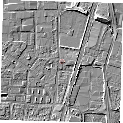 Shaded relief map of the ground around N170SP, computed from Environment Agency LiDAR. The ground here sits at about 10 m above sea level and falls 9 m across the surrounding 800 m. Surface water reaching this point runs off ground lying to the north-north-east, 7.7 m higher.
