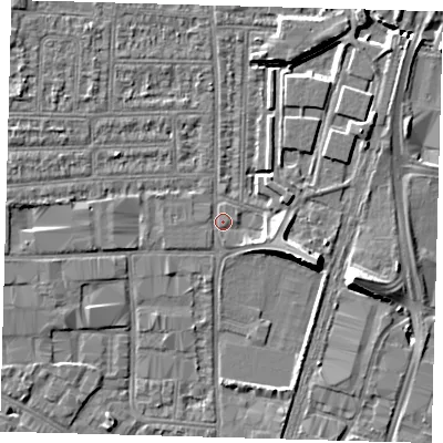 Shaded relief map of the ground around N170SQ, computed from Environment Agency LiDAR. The ground here sits at about 11 m above sea level and falls 9 m across the surrounding 800 m. Surface water reaching this point runs off ground lying to the east-south-east, 4.6 m higher.