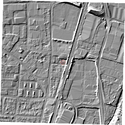 Shaded relief map of the ground around N170SR, computed from Environment Agency LiDAR. The ground here sits at about 9 m above sea level and falls 10 m across the surrounding 800 m. Surface water reaching this point runs off ground lying to the north-north-east, 8.1 m higher.