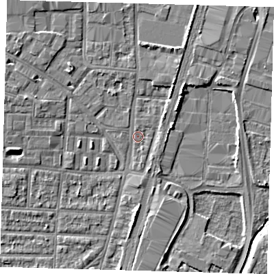 Shaded relief map of the ground around N170SS, computed from Environment Agency LiDAR. The ground here sits at about 10 m above sea level and falls 5 m across the surrounding 800 m. Surface water reaching this point runs off ground lying to the north-east, 2.7 m higher.