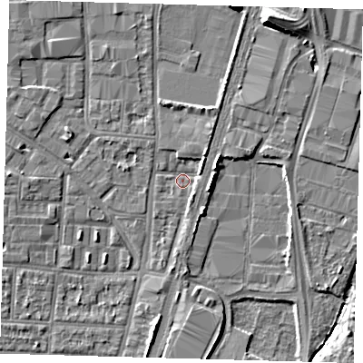 Shaded relief map of the ground around N170SX, computed from Environment Agency LiDAR. The ground here sits at about 9 m above sea level and falls 10 m across the surrounding 800 m. Surface water reaching this point runs off ground lying to the north-north-east, 8.1 m higher.