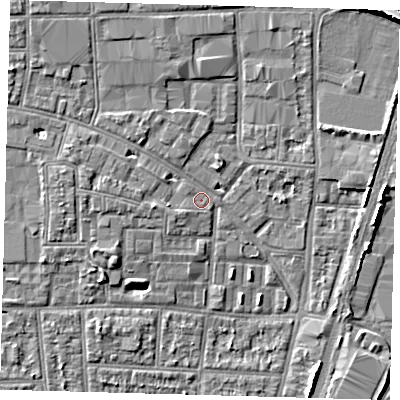 Shaded relief map of the ground around N170SY, computed from Environment Agency LiDAR. The ground here sits at about 10 m above sea level and falls 8 m across the surrounding 800 m. Surface water reaching this point runs off ground lying to the west-north-west, 2.4 m higher.