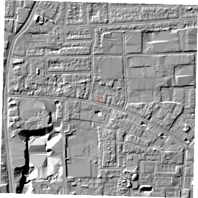 Shaded relief map of the ground around N170TH, computed from Environment Agency LiDAR. The ground here sits at about 11 m above sea level and falls 12 m across the surrounding 800 m. Surface water reaching this point runs off ground lying to the north-west, 3.5 m higher.